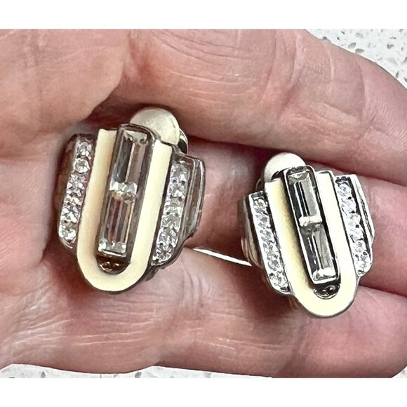 Givenchy Vintage Art Deco Clip-On Earrings With Rhinestones & Baguette Crystals - Picture 8 of 8